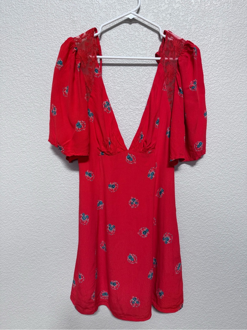 Free People Mesh Lace Open Back Mini Dress Women’s 6 Red Floral Boho